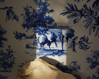 Blue Toile de Jouy Wallpaper: Peel and Stick Cottagecore Mural