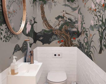 Peel and Stick Chinoiserie Mural, Japanese Bird and Stream Wallpaper