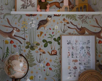 Whimsical Forest Animals Wallpaper: Hand-Drawn Removable Mural, Nursery Decor