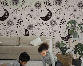 Mystic Celestial Hand Wallpaper: Boho Bedroom Peel-and-Stick Mural - Moon Art Botanical Decor