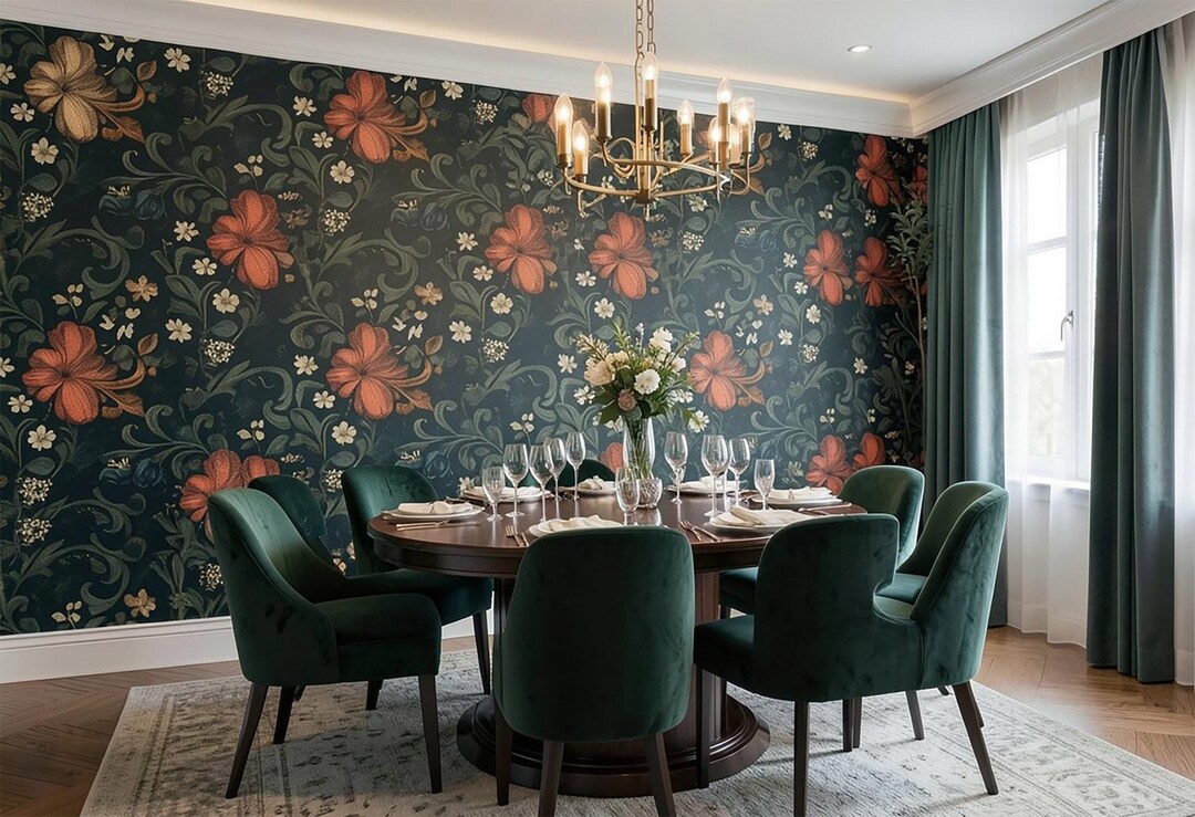 Dark Floral Wallpaper Mural, Vintage English Garden Wall Decor, Moody ...