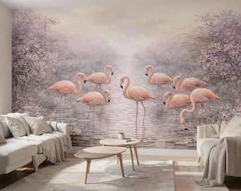Flamingo Wallpaper Mural, Pink Tropical Lake Scene, Elegant Glam Bird Decor