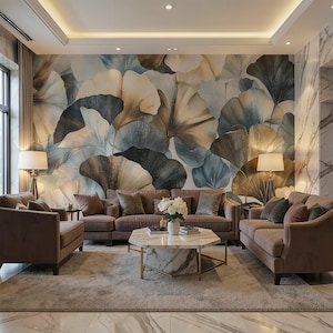 Ginkgo Leaf Wallpaper Mural, Elegant Botanical Japandi Wall Decor, Neutral Gold Blue Backdrop