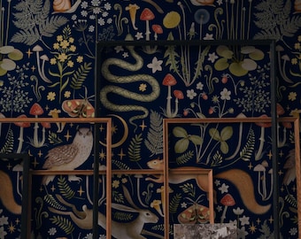 Peel and Stick Navy Woodland Animal Mural, Storybook Nursery Wallpaper