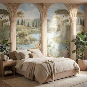 May include: A bedroom with a beige bed, nightstand, and rug. The wall features a mural of a landscape scene with columns and arches. Potted plants are on the floor. The bed has a beige comforter and pillows.