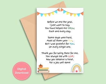 Printable Teacher Appreciation Card, Teacher Thank You, Educator Appreciation, End of Year Gift, Teacher Gift, Card from Student