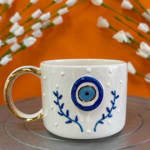 Celeste Ceramic Mug – Handmade Sky-Inspired Pottery Cup – 200 ml Coffee Mug – Cloud Texture – Gold Accent – Unique Gift