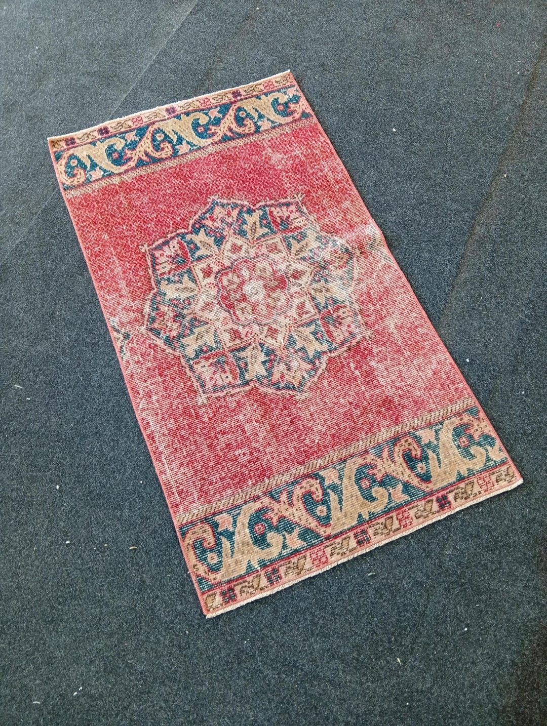 2x4 Vintage Turkish Small Wool Rug, Handmade Wool Pink Blue Boho Rustic ...