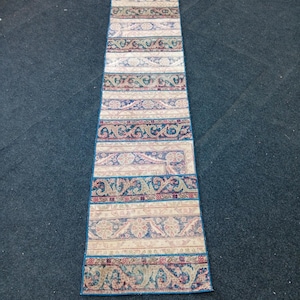 May include: A long, rectangular rug with a patchwork design. The rug features alternating bands of beige, blue, and red patterns. The rug has a blue border and is made of a soft, woven material. The rug is approximately 10 feet long.
