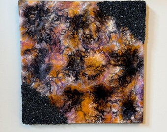 Dyed Resin Covered Cradled Wood: Abstract Halloween Decor with Black Accents, Wall Art
