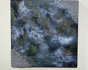Dyed Resin Covered Cradled Wood: Galaxy Colors, Grey Accents, Abstract Wall Art, Home Decor