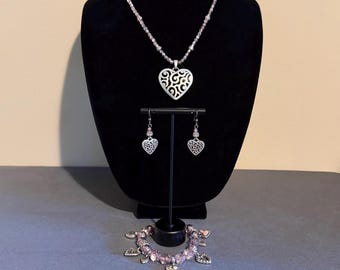Brighton Pink Faceted Beads Silver-Tone Necklace, Stretch Bracelet and Earrings