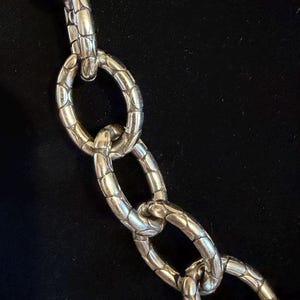 Puede incluir: Primer plano de un collar de cadena plateada con eslabones ovalados. Los eslabones tienen un patr&oacute;n texturizado en forma de escamas. La cadena se muestra sobre un fondo oscuro, resaltando el brillo met&aacute;lico de la joya.