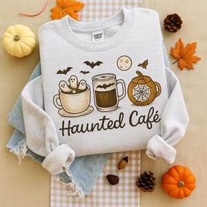 Haunted Fall Café Crewneck Cozy Fall Sweatshirt, Ghost Coffee Latte Pumpkin Crewneck, Halloween Coffee Crewneck, Pumpkin Spice Crewneck