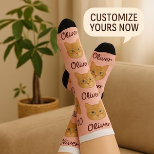 Personalized Cat Face Socks with &#39;Oliver&#39; Design, Cute Pet Parent Gift, Custom Pet Face Socks Gift for Cat Owners, Pet Photo Socks