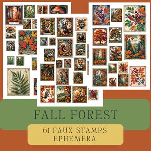 May include: A collection of 61 faux stamps with an autumn forest theme. The stamps feature illustrations of woodland animals, fall foliage, and forest scenes in shades of orange, red, and green. Text on the image reads "Fall Forest" and "61 Faux Stamps Ephemera."