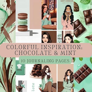 Chocolate y menta: papel imprimible para álbum de recortes, tarjetas e inspiración colorida. Folleto con recortes para diario basura, collage artístico, chica urbana.