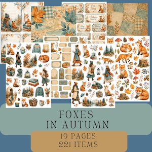 May include: A collection of digital paper and sticker sheets featuring illustrations of foxes, autumn foliage, cosy jumpers, lanterns, and people in seasonal clothing. The set includes labels, tags, and patterned backgrounds with the text Foxes in Autumn.