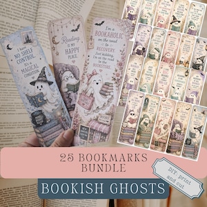 May include: A collection of twenty-five rectangular bookmarks featuring illustrations of ghosts reading books. Each bookmark displays unique text such as I have no shelf control, Reading is my happy place, and I am a bookaholic on the road to recovery.