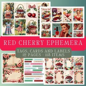 Może przedstawiać: Kolekcja w stylu vintage z motywem czerwonych wiśni. Projekt zawiera tagi, karty i etykiety z ilustracjami wiśni, grafiką retro i tekstem "Red Cherry Ephemera". Kolekcja zawiera 12 stron i 113 elementów.