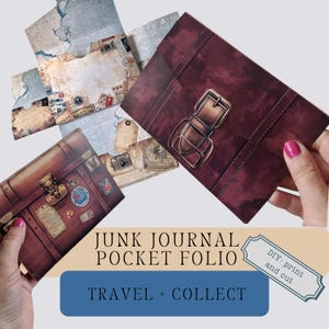 May include: A junk journal pocket folio kit featuring printed paper designs of vintage suitcases with buckles and travel maps. The text reads JUNK JOURNAL POCKET FOLIO, TRAVEL + COLLECT, and DIY: print and cut. The paper items are shown in various states.