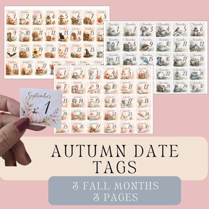 May include: Three sheets of square paper tags featuring autumn-themed illustrations for September, October, and November. Each tag displays a calendar date with seasonal motifs like pumpkins, leaves, and cozy items in soft, muted watercolor tones.