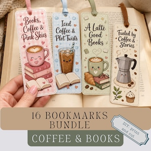 Puede incluir: Cuatro marcapáginas rectangulares de papel con cintas, cada uno con ilustraciones de café y libros. Los diseños incluyen cuadros rosas con 'Books, Coffee & Pink Skies', cuadros azules con 'Iced Coffee & Plot Twists', verde con 'A Latte Good Books' y crema con 'Fueled by Coffee & Stories'.