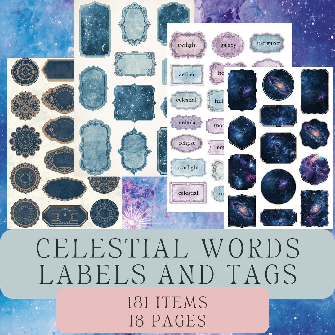 Celestial Words, Tags and Labels Printable Fussy Cuts, Junk Journal Kit ...
