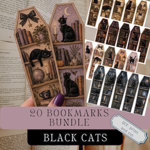 May include: A collection of twenty coffin-shaped bookmarks featuring illustrations of black cats, bookshelves, candles, pumpkins, and celestial elements. The designs include various arrangements of books, plants, and magical items in purple and dark tones.