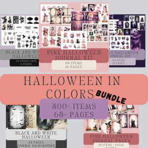 May include: A digital Halloween journal kit bundle featuring over 300 items and 65 pages. The collection includes black and white, pink, and purple themed graphics, witch illustrations, pumpkins, bats, and decorative backgrounds for scrapbooking.
