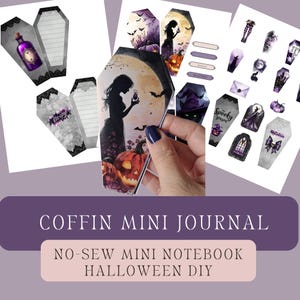 Puede incluir: Una colección de páginas de mini diario en forma de ataúd y pegatinas con temática de Halloween. Las páginas presentan ilustraciones de pociones, encaje y la palabra "creepy". Las pegatinas incluyen imágenes de una bruja, calabazas y murciélagos. El texto en la imagen dice "COFFIN MINI JOURNAL" y "NO-SEW MINI NOTEBOOK HALLOWEEN DIY."