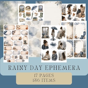 Peut inclure: Une collection d'éphémères sur le thème des jours de pluie comprenant 17 pages et 136 articles. L'ensemble inclut des illustrations à l'aquarelle de personnes lisant, parapluies, bottes de pluie, livres, couvertures et fenêtres, avec des étiquettes.