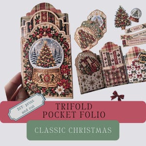 May include: A DIY trifold pocket folio kit featuring classic Christmas imagery including snow globes, decorated pine trees, poinsettias, plaid patterns, and gift boxes. The set includes various paper tags and labels with text like NOEL.