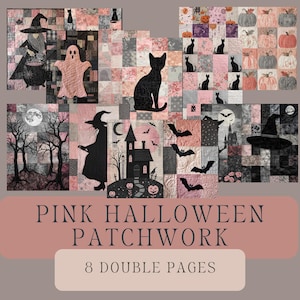 Rosa lapptäcke Halloween-dagbokssidor: Pastellfärgade häxiga, quiltade pastellfärgade magiska scrapbook-bakgrunder att skriva ut