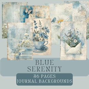Könnte beinhalten: Eine Sammlung von 36 Journal-Hintergrundseiten mit Aquarellästhetik. Die Seiten zeigen sanfte Blautöne, Blumenarrangements, Schmetterlinge und schriftartige Texte. Der Text "BLUE SERENITY" und "JOURNAL BACKGROUNDS" werden angezeigt.