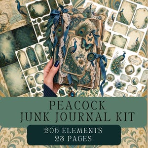 May include: A junk journal kit featuring 206 elements and 23 pages with peacock and butterfly motifs. The kit includes decorative tags, cards, and paper sheets in shades of teal, gold, and cream, adorned with intricate floral and avian patterns.