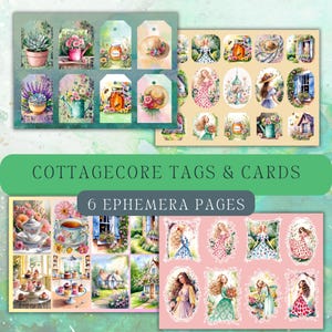 Cottagecore-labels en -kaarten voor een grillig tuinthema collages, tijdschriften met bloemen, schattige jurken, verborgen huisjes