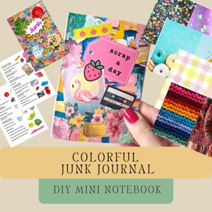 Könnte beinhalten: Ein farbenfrohes Junk-Journal mit Collage-Design, mit einem rosa Flamingo, einer Erdbeere und einer Kassette. Das Journal wird von einer Person mit rotem Nagellack gehalten. Der Text "Scrap a Day" ist sichtbar.