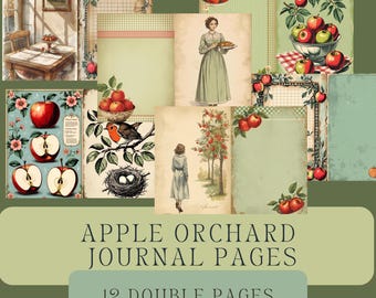 Apple Orchard Harvest Autumn Junk Journal Double Pages, Retro Fall Digital Kit, Printable Scrapbook Rustic Collage Sheets