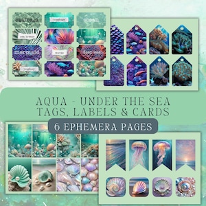 Etiquetas, tarjetas y rótulos "Aqua Under the Sea" para álbumes de recortes, papeles imprimibles para diarios basura, collages artísticos, conchas, perlas, caballitos de mar y medusas.