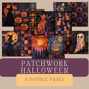 May include: A collection of patchwork Halloween-themed designs. The images feature witches, pumpkins, cats, and ghosts in a variety of colors, including orange, purple, and black. The text "PATCHWORK HALLOWEEN" and "8 DOUBLE PAGES" are also visible.