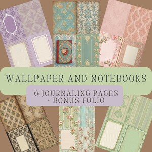 May include: Six printable journaling pages with a vintage floral and damask pattern. The pages include lined and blank spaces for writing. The image also includes a bonus folio with a similar design.