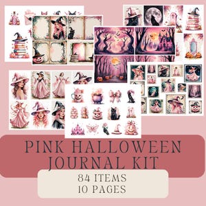Puede incluir: Un kit de diario rosa de Halloween con 84 elementos y 10 páginas. El kit incluye ilustraciones de brujas, calabazas, gatos y escenas espeluznantes. Las imágenes son de estilo acuarela con tonos rosas y morados.