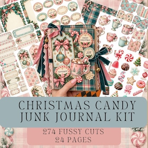Peut inclure: Un kit de journal créatif sur le thème des bonbons de Noël comprenant 24 pages et 274 découpes. Le journal central présente une couverture à carreaux ornée d'une étiquette, d'un mug de cacao, de sucres d'orge et de rubans en velours.