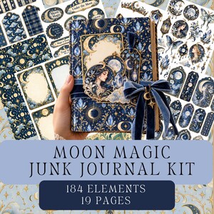 Może przedstawiać: Zestaw do junk journala Moon Magic zawierający 184 elementy i 19 stron. Okładka przedstawia motyw niebiański z księżycami, gwiazdami, kryształami i portretem kobiety, ozdobiony niebieską aksamitną wstążką ze złotym wisiorkiem w kształcie księżyca i gwiazdy.