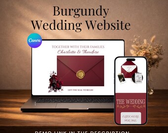 Plantilla de sitio web para bodas en Borgoña / Sitio web de bodas en Canva con RSVP / Invitación de boda digital con motivos florales de Old Money / Sitio web de bodas editable
