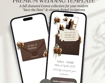 Plantilla de anuncio de boda en tonos marrones / Invitación moderna en tonos tierra neutros / Papelería de boda bohemia editable en Canva