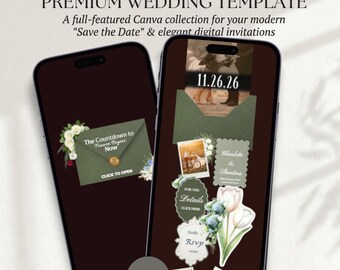 Plantilla web de boda verde musgo con confirmación de asistencia / Página web de boda editable en Canva / Invitación en vídeo para reservar la fecha / Descarga instantánea