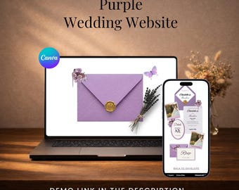 Plantilla web para boda en un jardín vintage / Invitación de boda editable en Canva color púrpura con confirmación de asistencia / Descarga digital instantánea