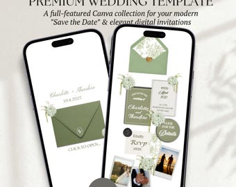 Plantilla de sitio web de boda de Canva con diseño floral en verde salvia y blanco / Invitación de boda digital de etiqueta negra con RSVP / Plantilla de boda editable de Canva
